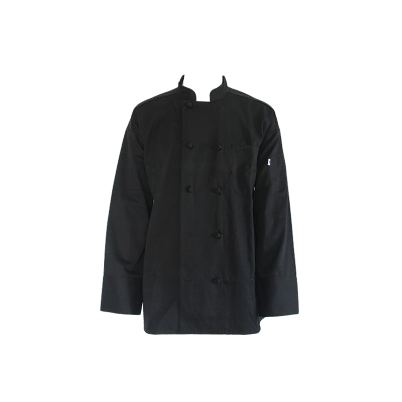CH02 Uniforme de chef negro de manga larga de sarga tejida poliéster/algodón
